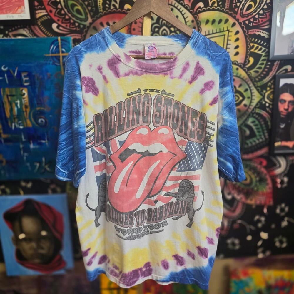 Rare Vintage 90s The Rolling Stones Bridges To Babylon Tour Tie Dye Band T 2XL